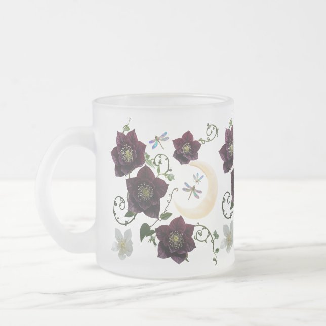 Caneca De Café Vidro Jateado Mística Flor de Lua Libélula Gótica (Esquerda)