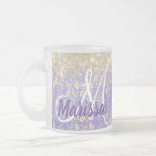 Caneca De Café Vidro Jateado Monograma Dourado Floral na Lavanda        