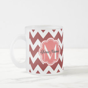 Caneca De Café Vidro Jateado Monograma Floral Vermelho Chevron, Nome Personaliz