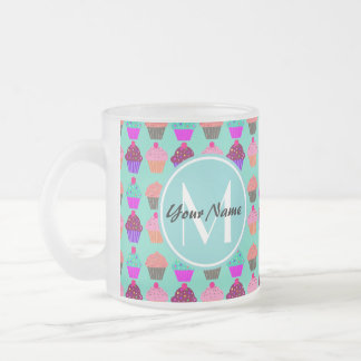 Caneca De Café Vidro Jateado Monograma Personalizado do Cupcake Aqua