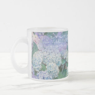 Caneca De Café Vidro Jateado Nome do Elegante Azul Hydrangea Monograma