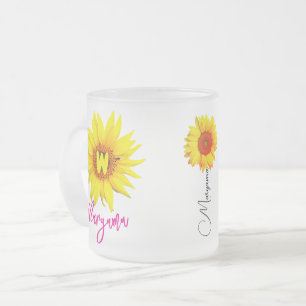 Caneca De Café Vidro Jateado Nome Floral e Monograma Girassol Personalizado