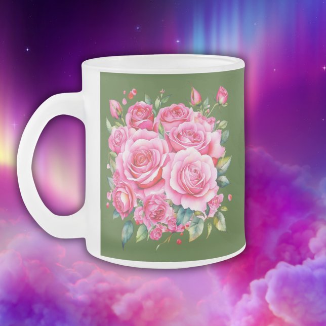 Caneca De Café Vidro Jateado Nome Monograma Rosas Rosa | (Criador carregado)