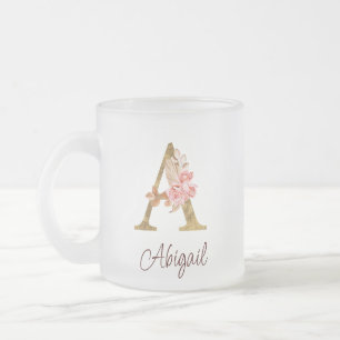 Caneca De Café Vidro Jateado Nome Personalizado Folha de Ouro Blush Rosas Rosa 