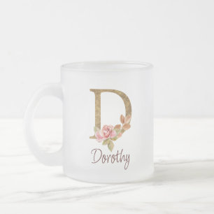 Caneca De Café Vidro Jateado Nome Personalizado Folha de Ouro Blush Rosas Rosa 
