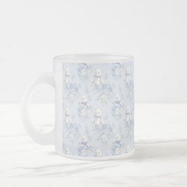 Caneca De Café Vidro Jateado ornamento floral azul francês e urso (Esquerda)