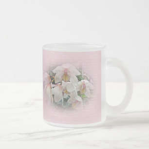 Caneca De Café Vidro Jateado Orquídeas de creme e cor-de-rosa no rosa