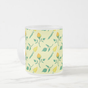 Caneca De Café Vidro Jateado Padrão floral com rosa amarela e flores tulipas