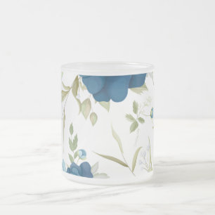 Caneca De Café Vidro Jateado Padrão Floral Seamless de Aquarela Azul