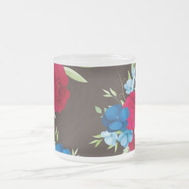 Caneca De Café Vidro Jateado Padrão Floral Vermelho Azul Elegante em Marrom Esc