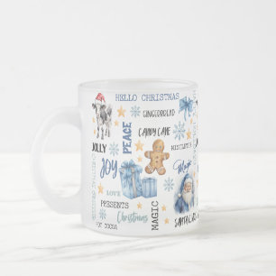 Caneca De Café Vidro Jateado Padrão lado a lado com vaca, Papai Noel e laço azu