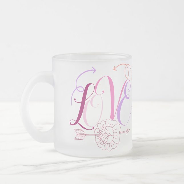 Caneca De Café Vidro Jateado Palavra de amor e flores com seta (Esquerda)