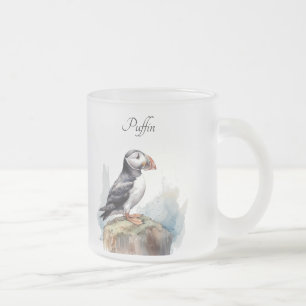 Caneca De Café Vidro Jateado Papagaio-do-mar numa Rocha Aquarela, personalizado