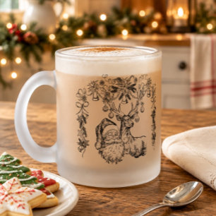 Caneca De Café Vidro Jateado Papai Noel Vintage e Rena de Natal