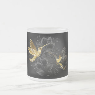 Caneca De Café Vidro Jateado Pássaro Humino Negro e Dourado