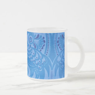 Caneca De Café Vidro Jateado Pássaros Pavões Orientais Azuis