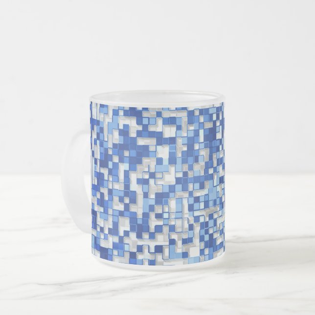 Caneca De Café Vidro Jateado Pequenos quadrados sobrepõem-se, tons azuis com br (Frente Esquerda)