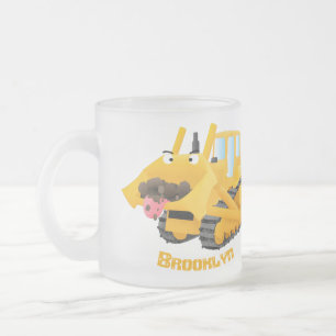 Caneca De Café Vidro Jateado Personagem de desenho animado de bulldozer amarelo