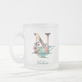 Caneca De Café Vidro Jateado Personalizar Floral N - Letra Aquarela Monograma d