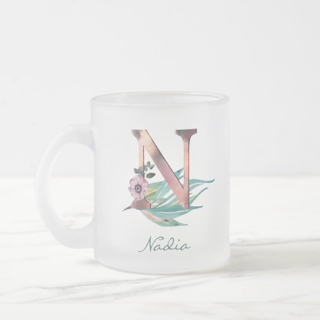 Caneca De Café Vidro Jateado Personalizar Floral N - Letra Aquarela Monograma d (Esquerda)