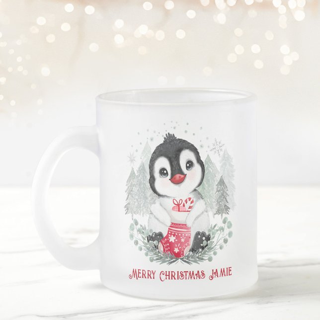 Caneca De Café Vidro Jateado Pinguim Bonito Personalizado Natal (Cute Penguin Personalized Christmas Frosted Glass Coffee Mug)