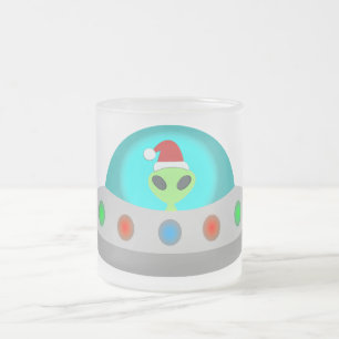 Caneca De Café Vidro Jateado Pires voadoras de Alienígena de Ho Ho de Natal