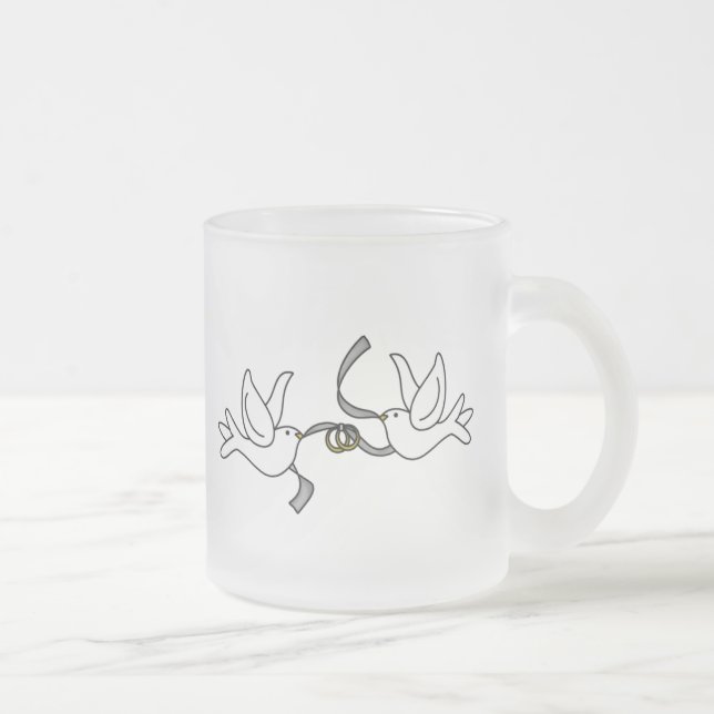 Caneca De Café Vidro Jateado Pombas do casamento com anéis (Direita)