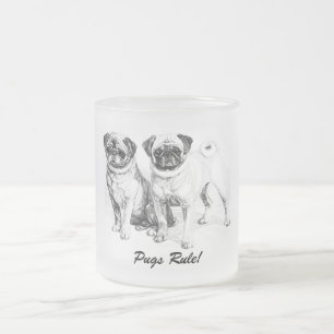 Caneca De Café Vidro Jateado Precioso Pugs de ilustração em preto e branco
