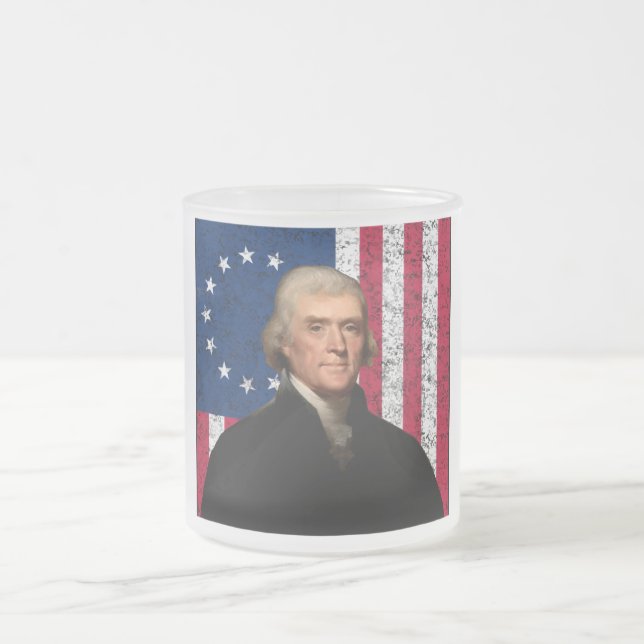 Caneca De Café Vidro Jateado Presidente Jefferson e a bandeira americana (Centro)