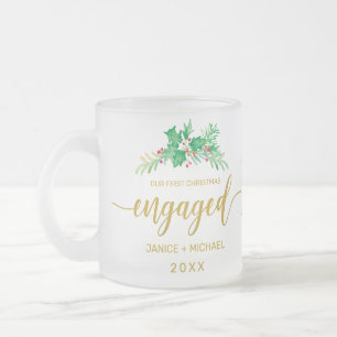 Caneca De Café Vidro Jateado Primeiro Natal Engajado Script Dourado Holly Monog