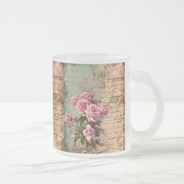 Caneca De Café Vidro Jateado Quic francês country, chique, rosas rosa, flora (Direita)