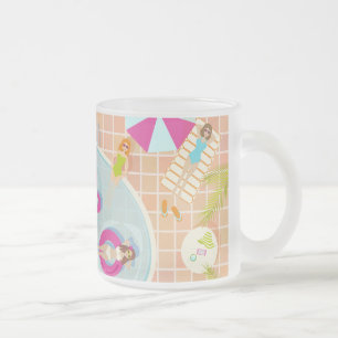 Caneca De Café Vidro Jateado Raparigas Bikini e caras jogando piscina de nataçã