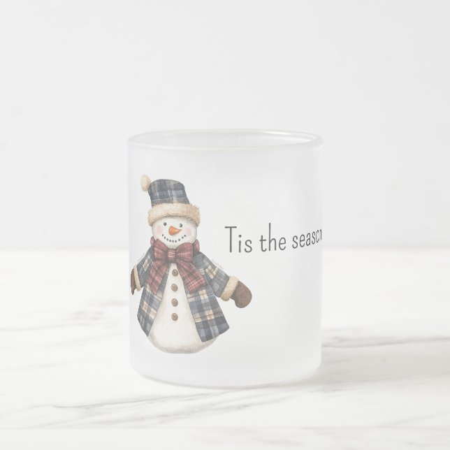 Caneca De Café Vidro Jateado Red Blue Plaid Christmas Snowman (Centro)