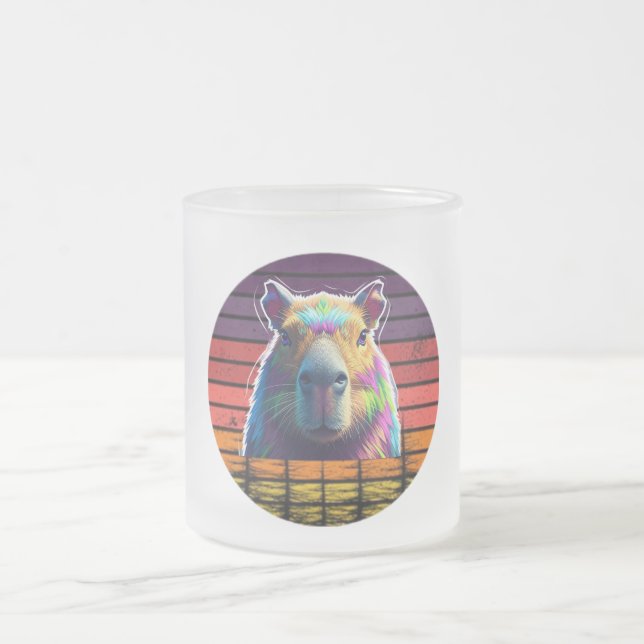 Caneca De Café Vidro Jateado Retro Psychedelic Capybara Rainbow Sunset Glass (Centro)