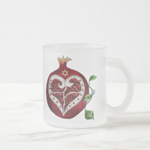 Caneca De Café Vidro Jateado Romã Judaica Coração Hanukkah Rosh Hashanah