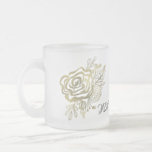 Caneca De Café Vidro Jateado Rosa Floral Francesa Dourada Falsa
