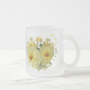 Caneca De Café Vidro Jateado Rosas Amarelas Num Coração
