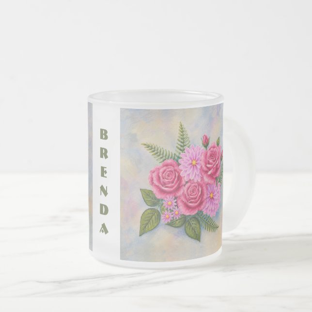 Caneca De Café Vidro Jateado Rosas e Dálias (Frente Esquerda)