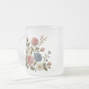 Caneca De Café Vidro Jateado Rosas Embroideredidas Bege e Azul