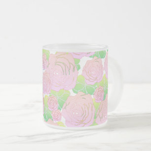 Caneca De Café Vidro Jateado Rosas Rosa Claro