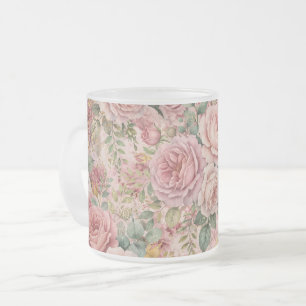 Caneca De Café Vidro Jateado Rosas Rosa Empoeirada Charme Elegante Verde Salvia