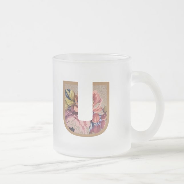Caneca De Café Vidro Jateado Rustic Floral Inicial - Letra U Monograma (Direita)