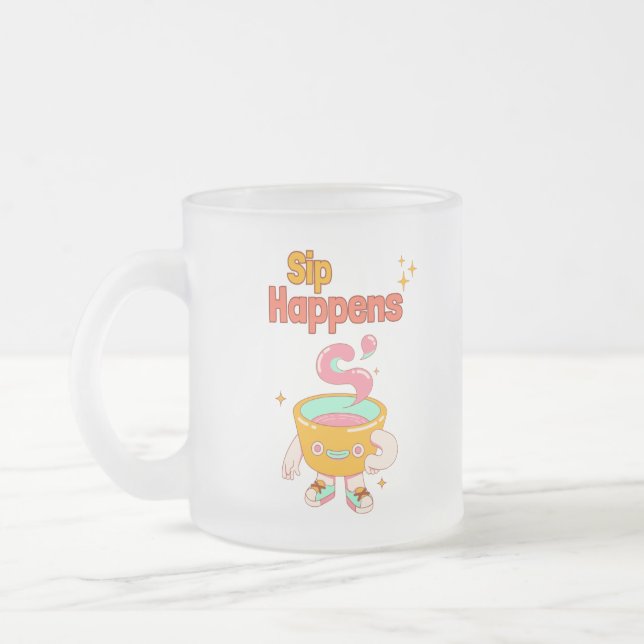 Caneca De Café Vidro Jateado Sip Happens Humor Frosted Mug (Esquerda)