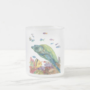 Caneca De Café Vidro Jateado Tartaruga e peixes no mar