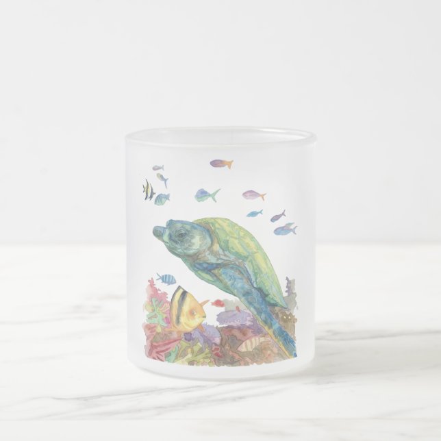 Caneca De Café Vidro Jateado Tartaruga e peixes no mar (Centro)