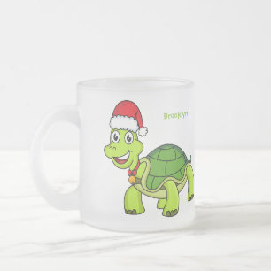 Caneca De Café Vidro Jateado Tartaruga fofa e feliz usando chapéu de Papai Noel