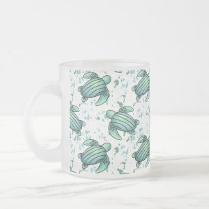 Caneca De Café Vidro Jateado tartaruga marinha em aquarela padrão verde azul an