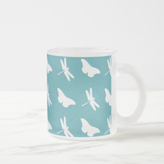Caneca De Café Vidro Jateado Teal Butterflies and Dragonflies Pattern (Direita)