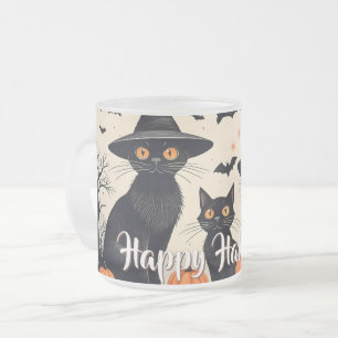 Caneca De Café Vidro Jateado Três Gatos Pretos com Chapéus no Halloween