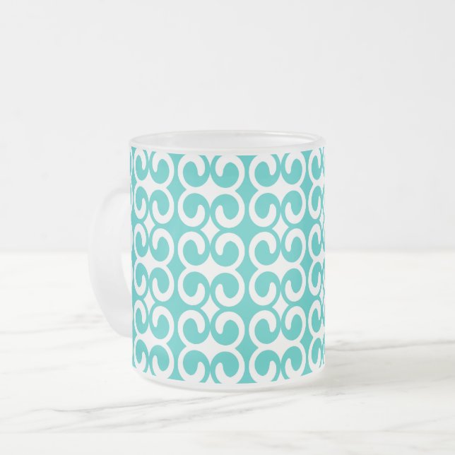 Caneca De Café Vidro Jateado Turquesa e Padrão Chic Branco (Frente Esquerda)